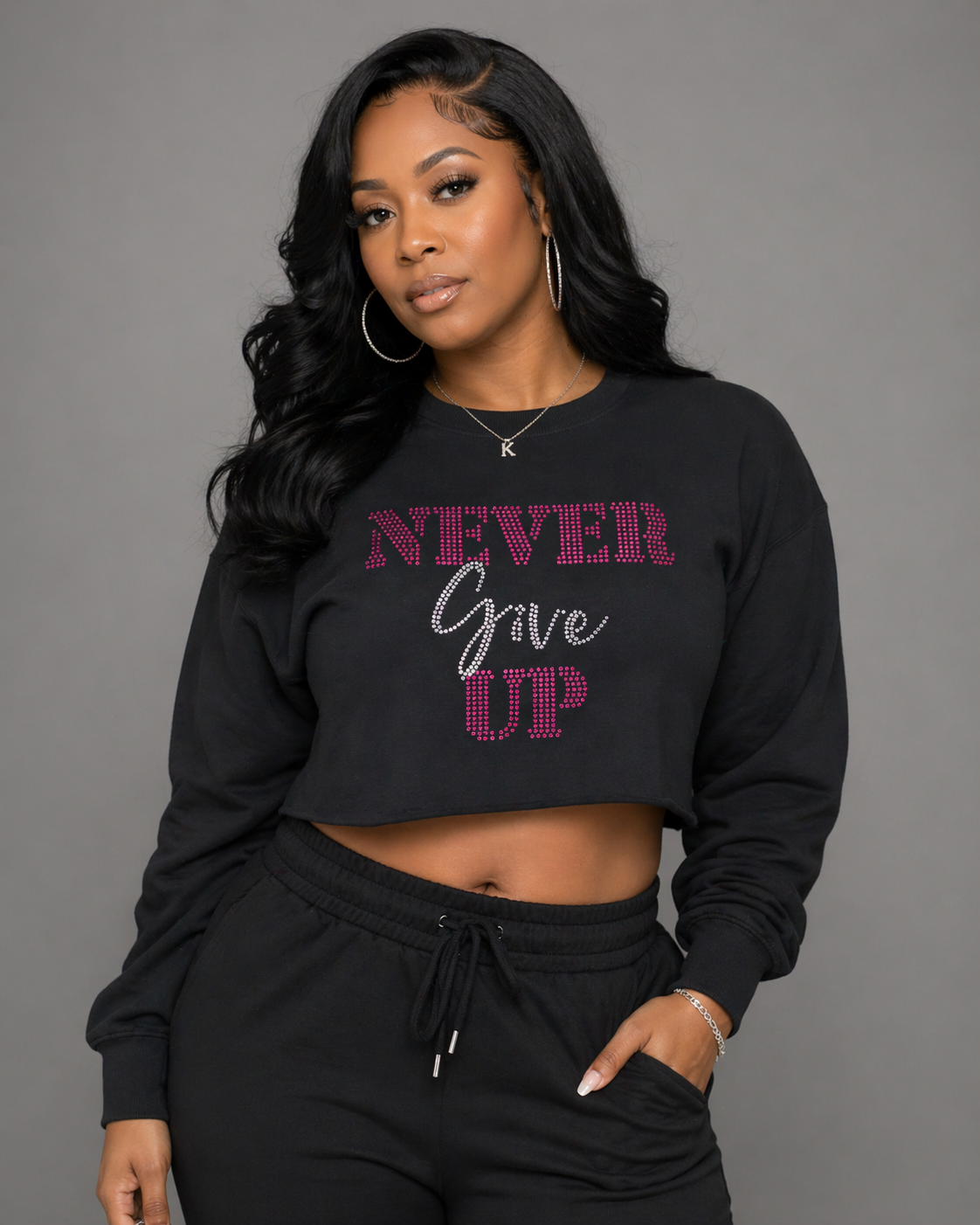 Petite Black Crop Top (Rhinestone)Pink/Pink
