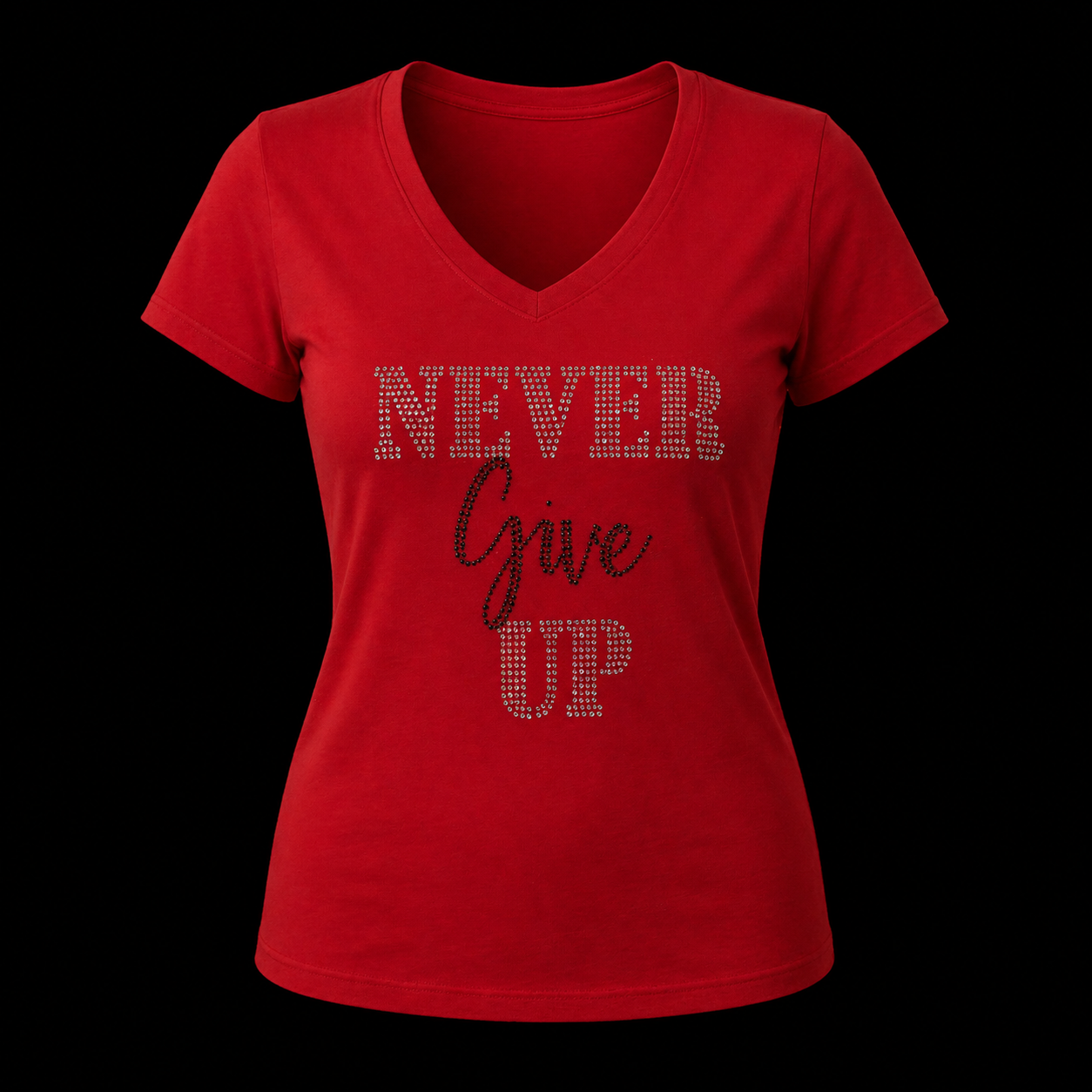 Never Give Up Red Shirt (Rhinestone) Icy/Black