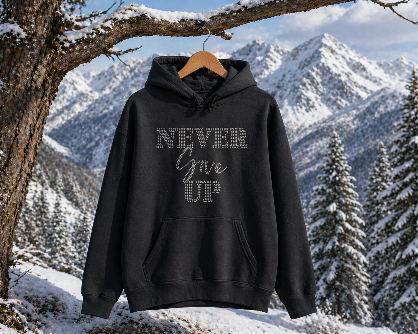 Never Give Up - Hoodie (Rhinestone) Ice